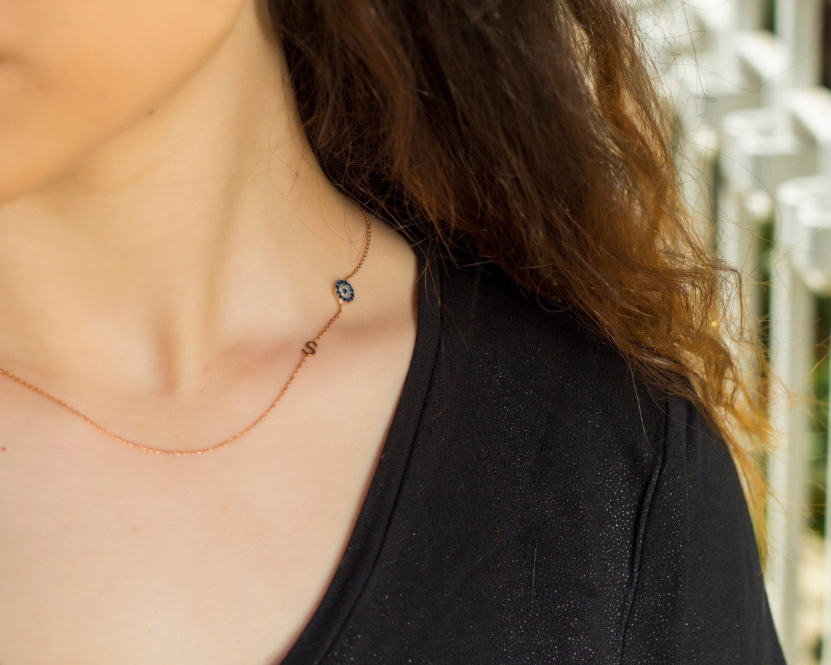 925 Silver Sideways Initial Necklace Rose Gold Stainless Steel