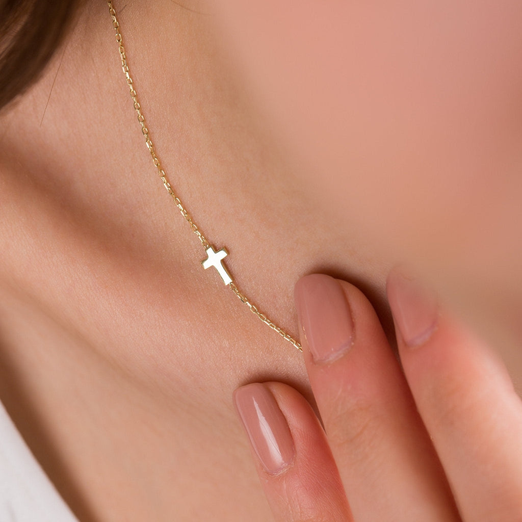 14k Gold Sideways Cross Necklace-Silver by Swan