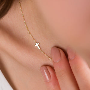 14K Gold Sideways Cross Necklace - SilverbySwan